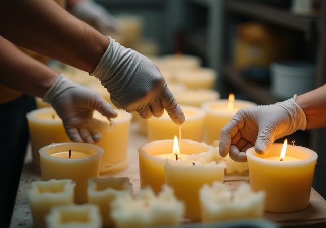Primer plano de artesanas con guantes vertiendo cera caliente en moldes de velas en un taller.